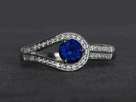 1.25Ct Round Cut Blue Sapphire &amp; Diamond Engagement Ring 14K White Gold Finish - £81.67 GBP
