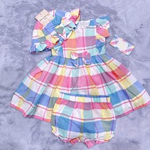 Tommy Bahama Gingham Plaid 3 Piece Dress Outfit Set Pink Blue Hat Baby Girl 6-9M - £30.53 GBP