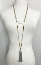 Zacasha Crystals Beads Tassel Necklace Pendant 62&quot; Handmade Gray Copper Long - £37.57 GBP