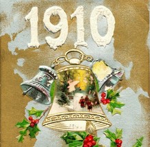 Vtg Postcard 1910 With Best New Year Wishes Gilt Embossed Bell Holly Unused UNP - £6.13 GBP