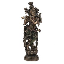 Large Krishna Idol Bronze Finish- Lord Krishan Murti Statue 15&quot;  Hindu Religious - £98.98 GBP