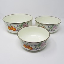 Set of 3 Enamel Metal Mixing Bowls Fruit Pattern Peaches Grapes Nesting Vintage - £14.80 GBP