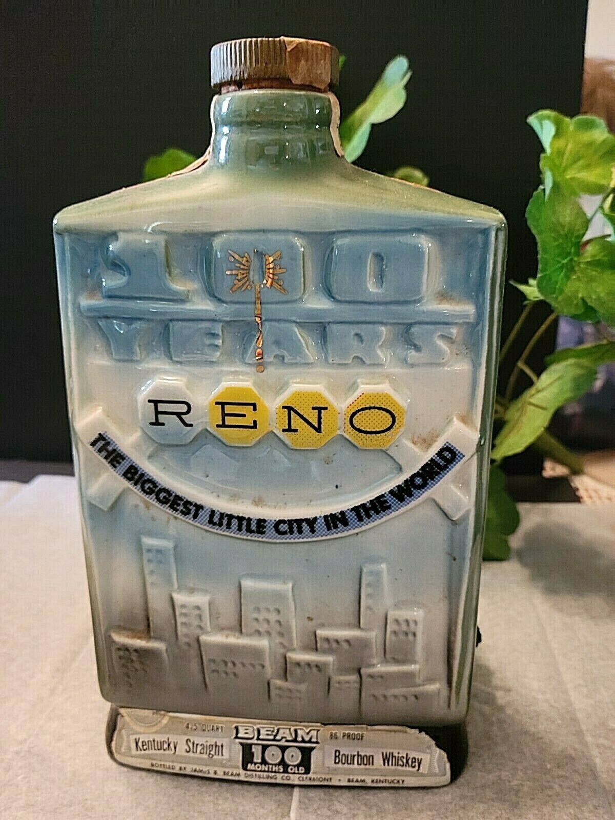 1968 RENO NEVADA 100 YEAR EMPTY DECANTER WITH ORIGINAL TAX STAMP - $27.70