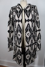 Orvis M Black White Geometric Tribal Wool Cotton Open Hood Cardigan Sweater - £32.68 GBP