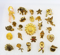 Mix Lot 25 Gold Tone Vintage Current Lapel Pins Assorted Themes Various Pinbacks - £18.03 GBP