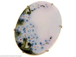 Antique Victorian Porcelain Pin Brooch Hand Painted Blues Florals Large - $34.75