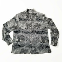 Vintage Blouse Gray Animal Print Cheetah  Alfred Dunner Button Down Petite 10 - £10.71 GBP