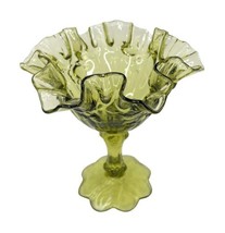 Fenton Glass Olive Green Cabbage Rose Ruffled Pedestal Compote Candy Dish VTG - £23.73 GBP
