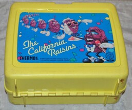 Vintage 1987 THE CALIFORNIA RAISINS yellow THERMOS LUNCHBOX - £16.90 GBP