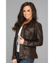 Hand Made Women Dark Brown Biker Front Zipper Button Closure Real Leathe... - $156.79