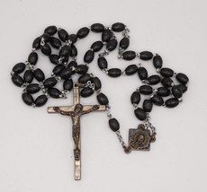 Black Plastic Beaded Chain Rosary Necklace Cross Pendant Knights Of Columbus - £19.60 GBP