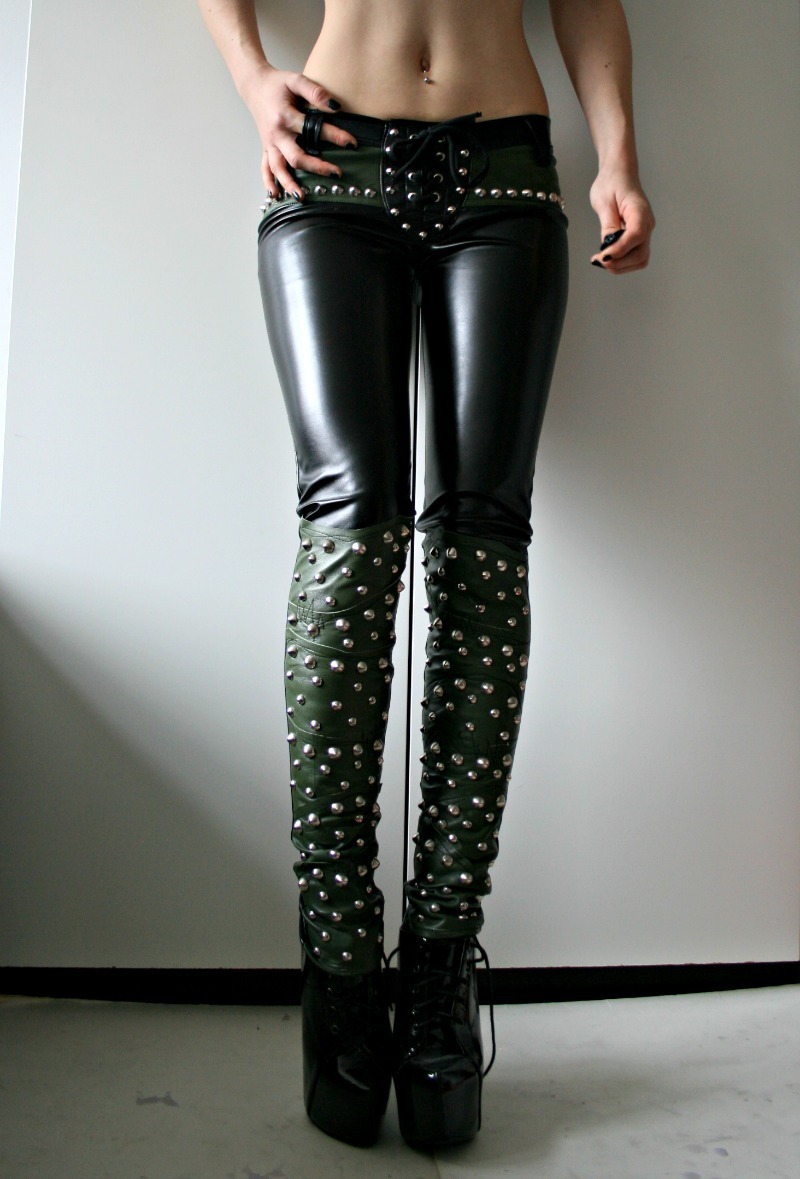 Women Black Silver Studded Laced Up Zipper Genuine Leather Pants