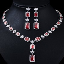 Square Cut Red Cubic Zirconia Stone Women Wedding Party Necklace Jewelry Sets fo - £50.85 GBP