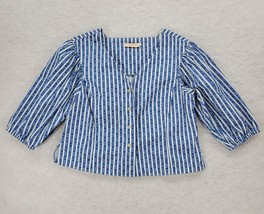 Tory Burch Gemini Link Bloom Striped Puffed Sleeve Women Blue Top Size 14 Button - $54.81