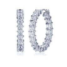 10.5Ct Princess Cubic Zirconia Genuine Sterling Silver Hoop Earrings - £57.21 GBP