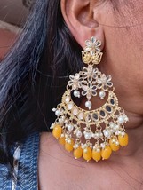 Indian Gold Plated Bollywood Style Glass Kundan Yellow Long Earrings Jewelry Set - £22.40 GBP