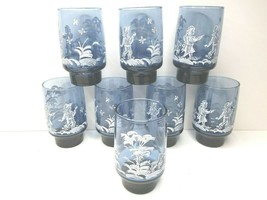 8 VTG Libbey Mary Gregory Boy Girl Dog Blue 4 3/4&quot; Drink Glass 70s Flat Tumblers - £31.39 GBP