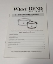 West Bend Housewares 5 - 6 Quart Crockery Cooker Instruction Manual USED - $5.93
