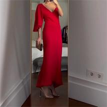 V-neck Irregular Shoulder Strap Ankle Length Formal Dress Women&#39;s Elegant Satin - £83.83 GBP