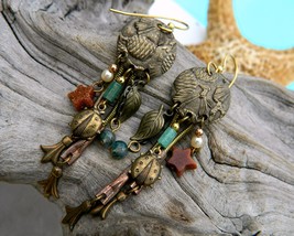 Pine Cone Ladybug Dangle Earrings Pierced Stars Beads Brass Copper - £15.77 GBP