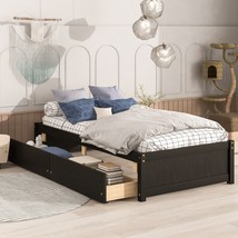 Twin Bed with 2 Drawers, Solid Wood, No Box Spring Needed, Espresso - £167.90 GBP