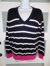 J. Crew V-Neck Navy Blue W/White Stripes and Pink Trim Size M Women&#39;s EUC - £19.18 GBP