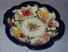 Antique Vintage Floral Fluted Cobalt Edged Decorative Shallow Bowl - £15.65 GBP