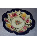 Antique Vintage Floral Fluted Cobalt Edged Decorative Shallow Bowl - $27.37 CAD