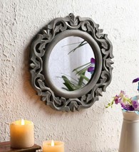 Mirror Glass For Living Room Grey Mdf Wood Handcrafted Round Shape Vanity Wall - £103.53 GBP