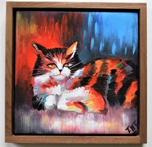 Oil on Canvas of Cat, Solid Walnut Floating Frame. 22&quot; x 22&quot; Framed Size. Signed - £175.85 GBP