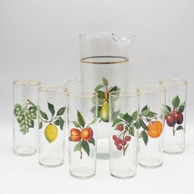 Water Iced Tea Set Beverage Pitcher 6 Glasses 7 Pc Gold Rim Fruit Pattern - $271.37