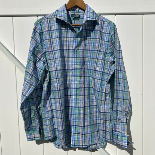 Lauren Ralph Lauren Men's Button Down Shirt Front Up Plaid Blue Green Large 16  - $19.79