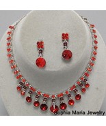 Red dangle crystal necklace earring set bridesmaid wedding party evening... - $19.14
