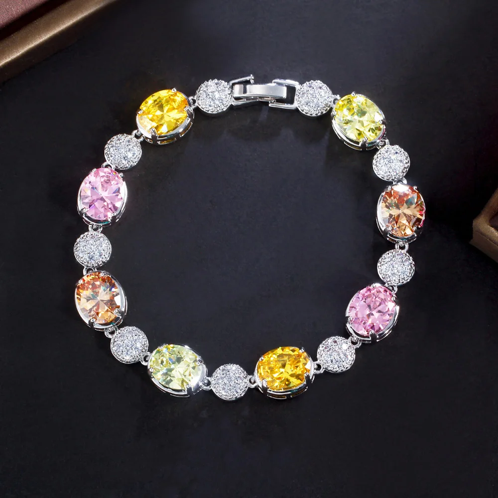 Fashion Multicolor Oval CZ Crystal Chain Link Silver Color Tennis Bracelets for  - £26.49 GBP