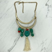 Chico&#39;s Gold Tone Tiered Faux Turquoise Faux Coral Beaded Tassel Necklace - $9.89