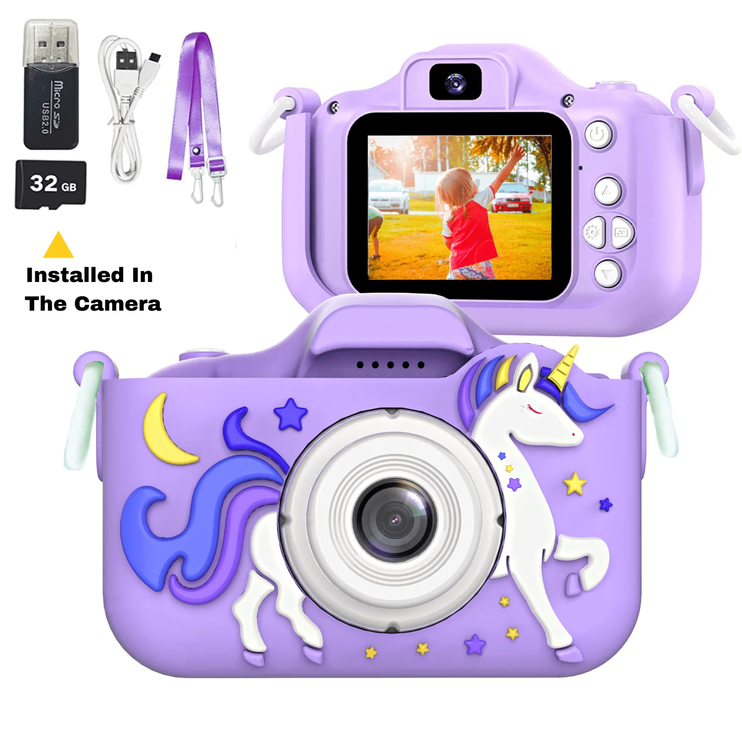 Kids Camera Toys Unicorn Children Digital Camera 2 Inch Screen Front and Rear - £33.18 GBP