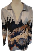 New Jiana Green &amp; Blue Autumnal Forest Scene  Collared Top Medium - $10.43 CAD