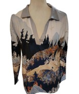 New Jiana Green &amp; Blue Autumnal Forest Scene  Collared Top Medium - $10.42 CAD
