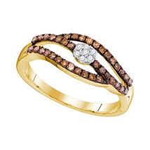 10k Yellow Gold Womens Round Brown Color Enhanced Diamond Strand Cluster Ring - £219.97 GBP