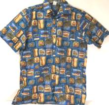 $19 Mobil Oil Vintage 90s Blue Tiki Coconut Buttons Pullover Hawaiian Shirt L - £8.56 GBP