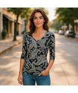 Vintage Blush Womens Paisley Cinch Tunic Top Stretch 3/4 Sleeve Black Sz L - $11.40