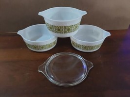 Vintage Pyrex Verde Green Square Flowers Casserole Set 3 Bowls 1 Lid - $69.79
