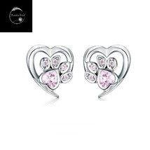 Pink Paw Print Dog Cat Women&#39;s Girls Stud Earrings Sterling Silver 925 And CZ - £14.74 GBP