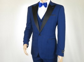 Men&#39;s Light Wool Statement Tuxedo Vested Formal Wedding Stage Suit Alberto Blue - £119.89 GBP