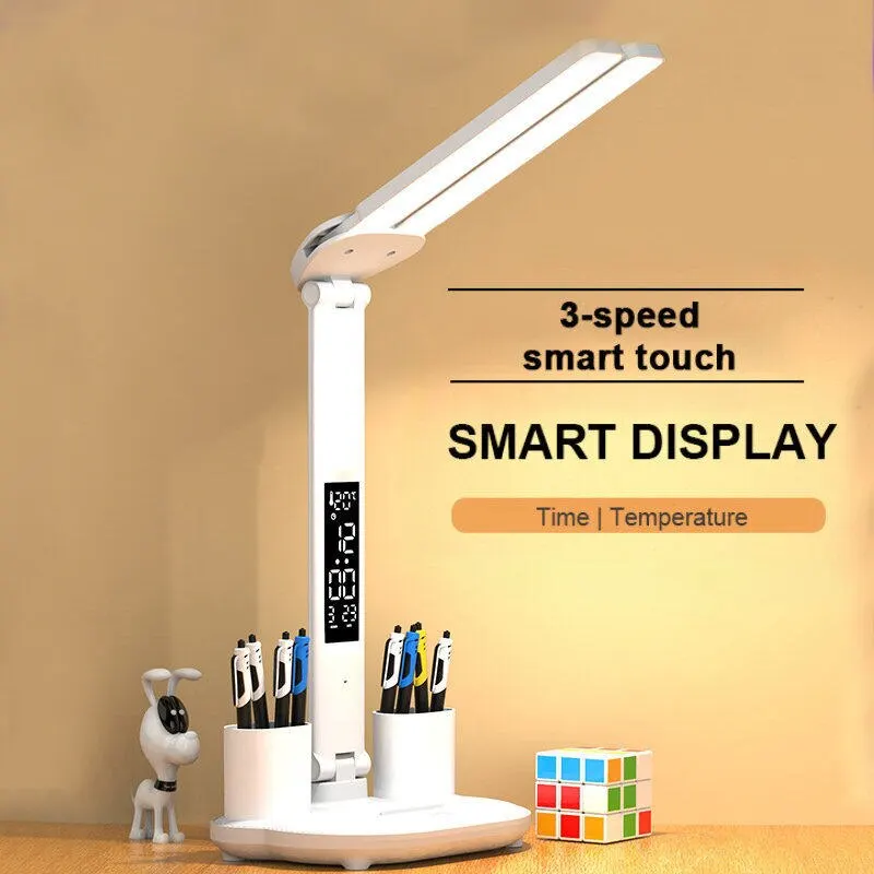 LED Clock Table Lamp USB Chargeable Dimmable Desk Lamps 2 Heads 180 Rotate - $23.57+