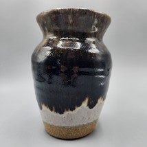 Glazed Brown MCM Flower Vase Stoneware German Style Signed by Artist - £26.82 GBP