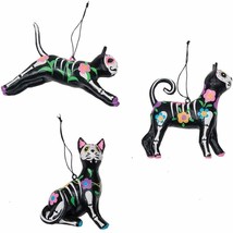 Gallerie Ii Set Of 3 Day Of The Dead Paper Mache Cat Halloween Xmas Ornaments - £32.07 GBP