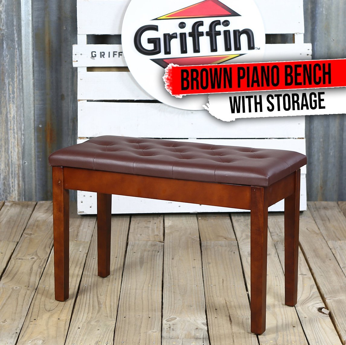 GRIFFIN Brown Wood PU Leather Piano Bench | Double Vintage Design, Ergonomic Cha