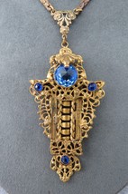 Antique Blue Vauxhall Glass Pendant Necklace 18.5&quot; Open Work Filigree Es... - £99.34 GBP