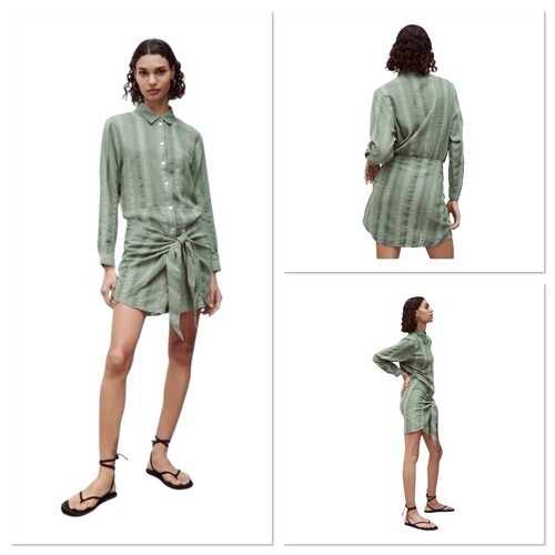 Zara Zoe Shirt Dress Sage Green Striped Cotton Linen Blend Tie Front Button XS Item image 2